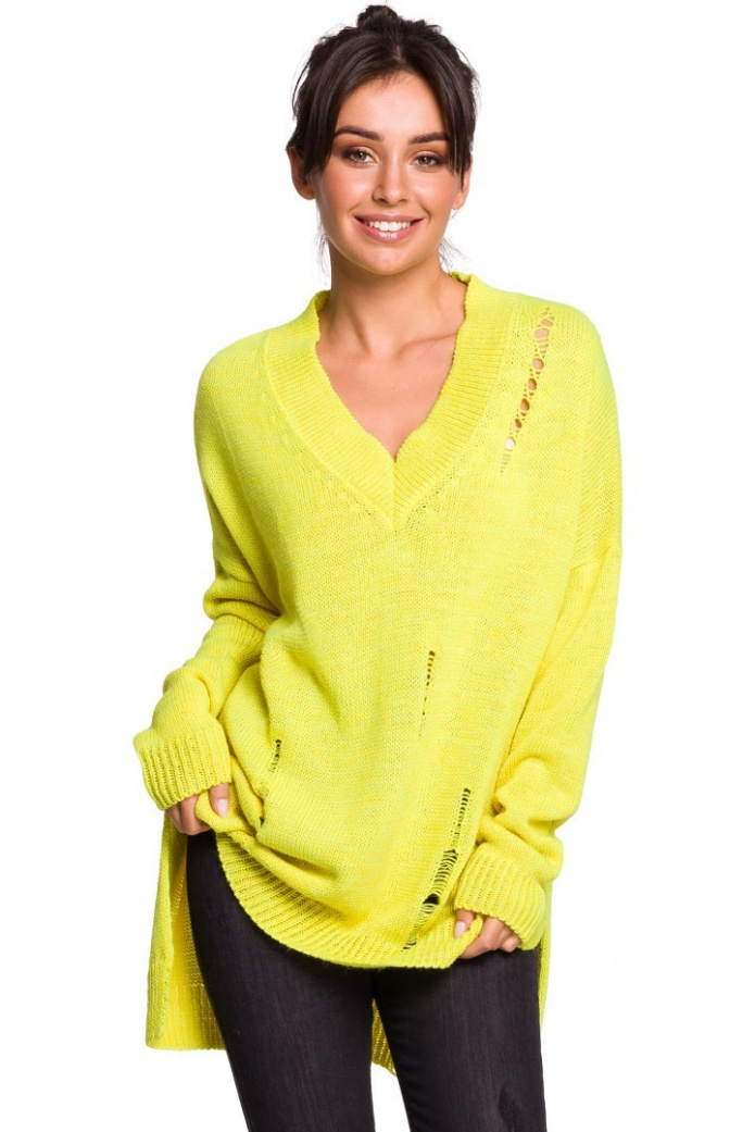 Sweter Damski - Oversize Z Dziurami Dekolt V - żółty